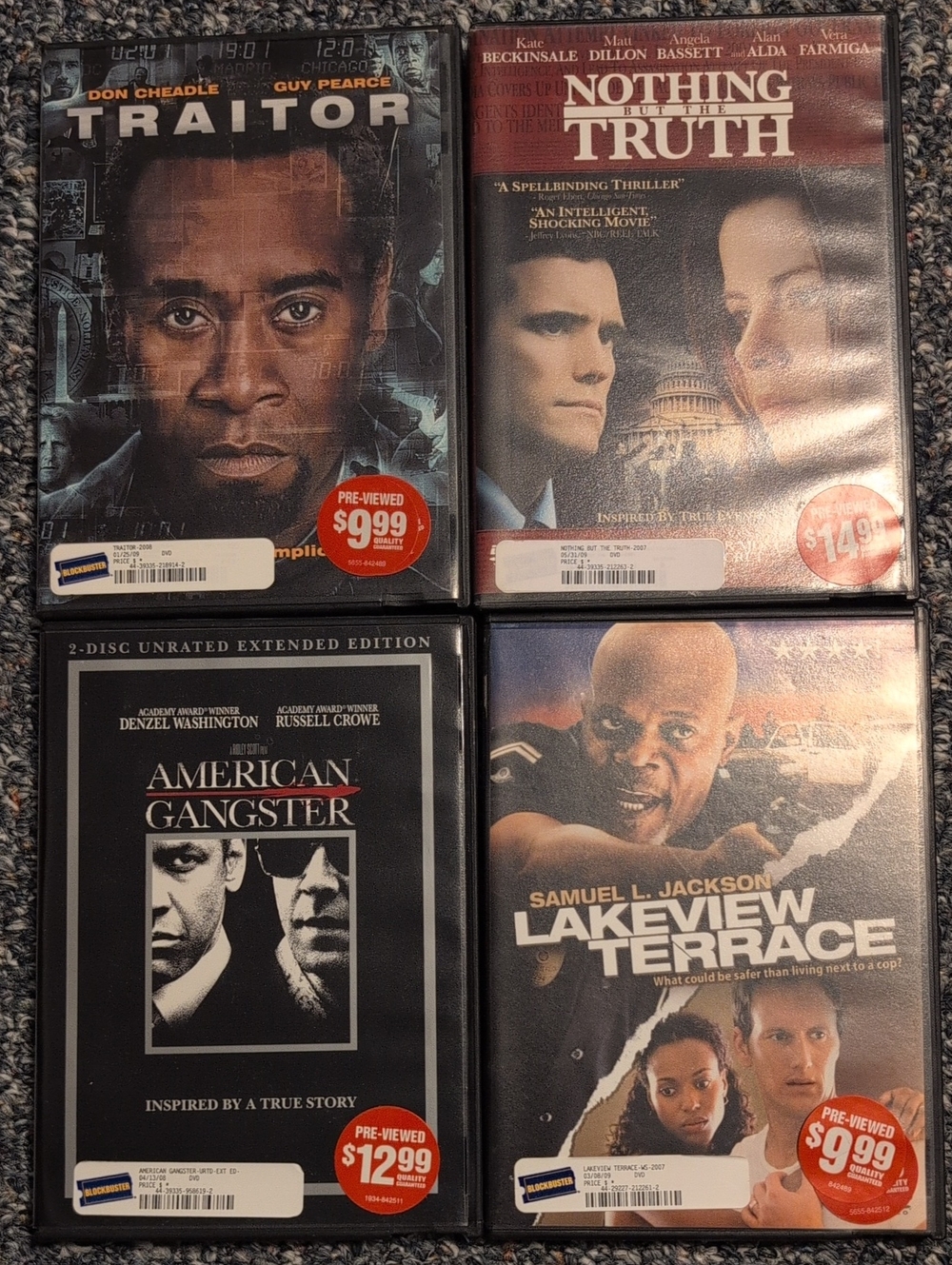 DVDs -American Gangster, Lakeview Terrace, Nothing But The Truth, Traitor
